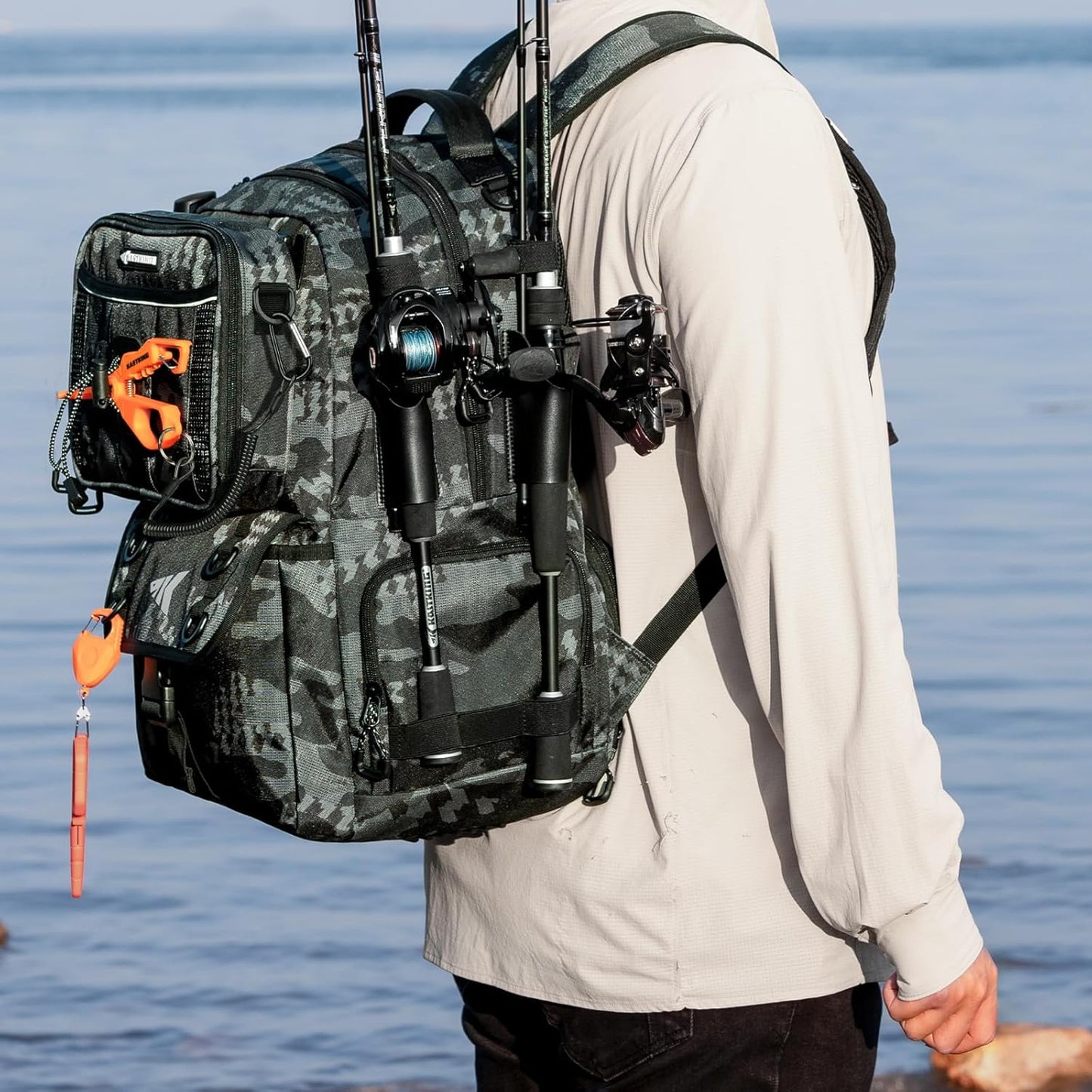 Baitspace 50L Fishing Tackle Backpack with Removable Bait Binder,2 Rod Holders Storage Fishing Gear and Equipment