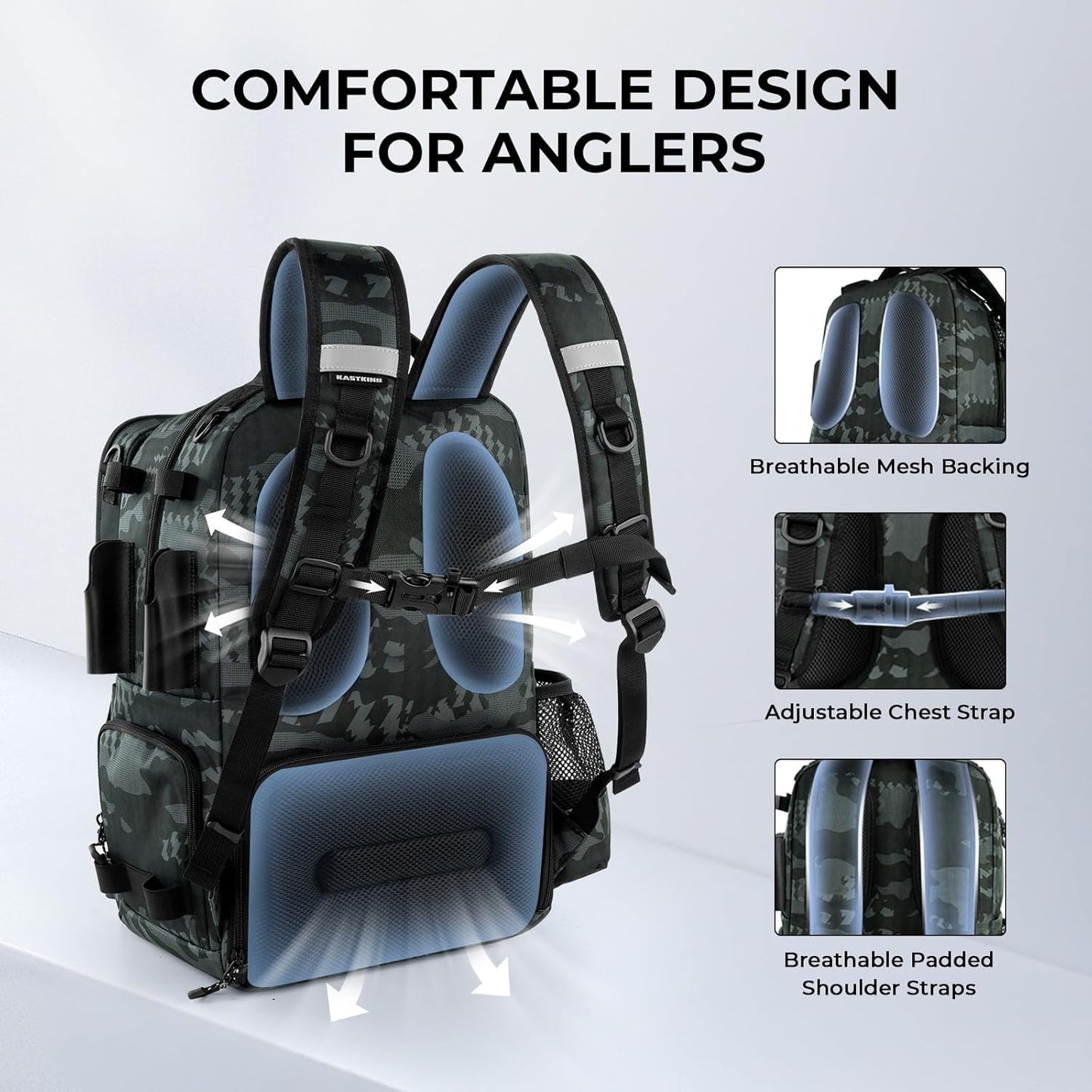Baitspace 50L Fishing Tackle Backpack with Removable Bait Binder,2 Rod Holders Storage Fishing Gear and Equipment