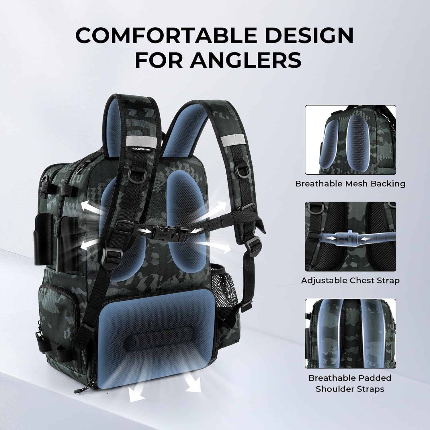 Baitspace 50L Fishing Tackle Backpack with Removable Bait Binder,2 Rod Holders Storage Fishing Gear and Equipment
