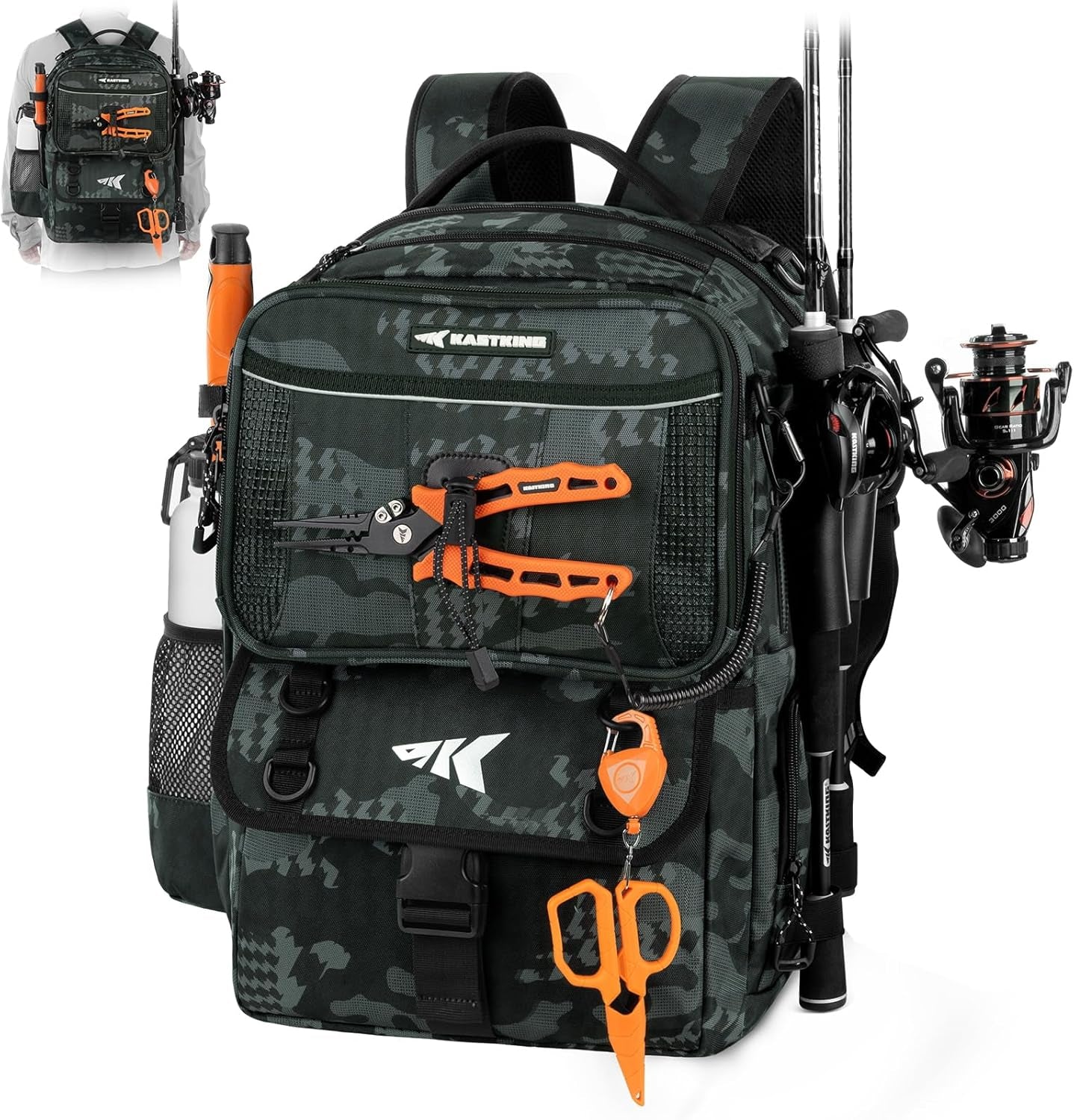 Baitspace 50L Fishing Tackle Backpack with Removable Bait Binder,2 Rod Holders Storage Fishing Gear and Equipment