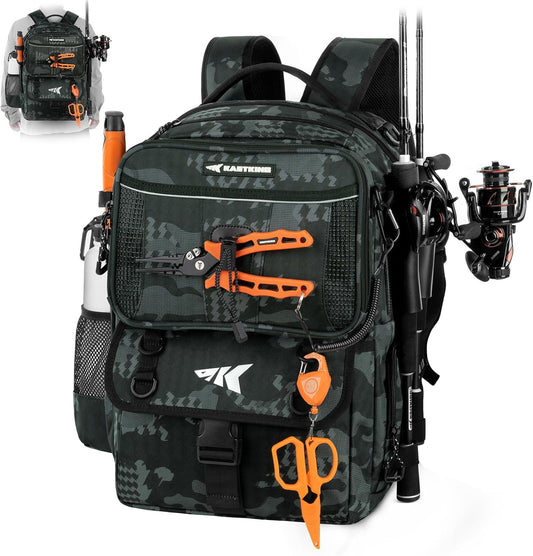 Baitspace 50L Fishing Tackle Backpack with Removable Bait Binder,2 Rod Holders Storage Fishing Gear and Equipment