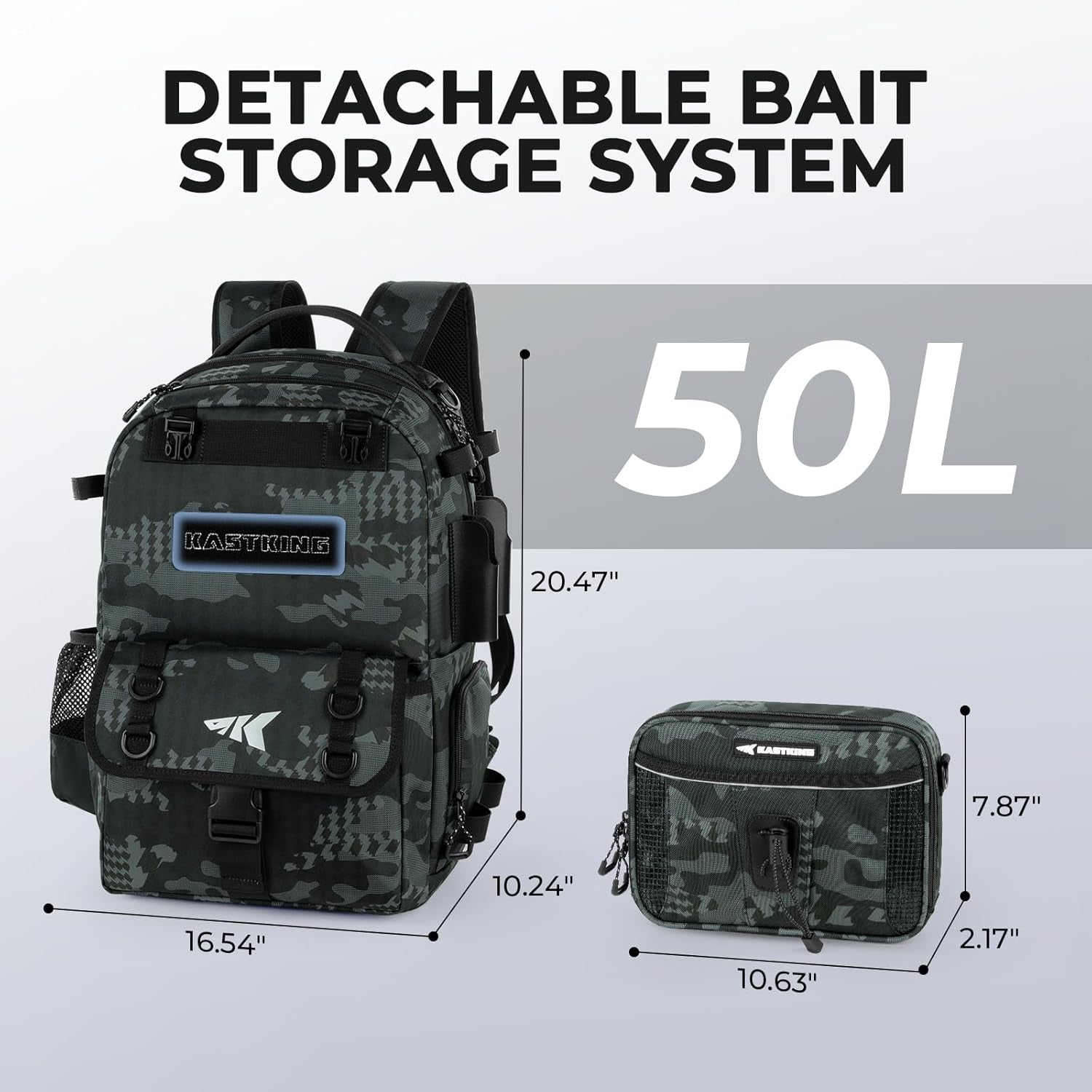 Baitspace 50L Fishing Tackle Backpack with Removable Bait Binder,2 Rod Holders Storage Fishing Gear and Equipment