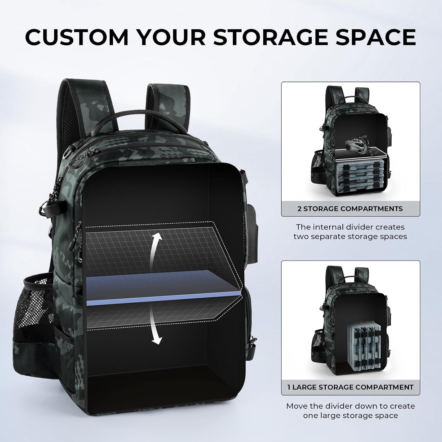 Baitspace 50L Fishing Tackle Backpack with Removable Bait Binder,2 Rod Holders Storage Fishing Gear and Equipment